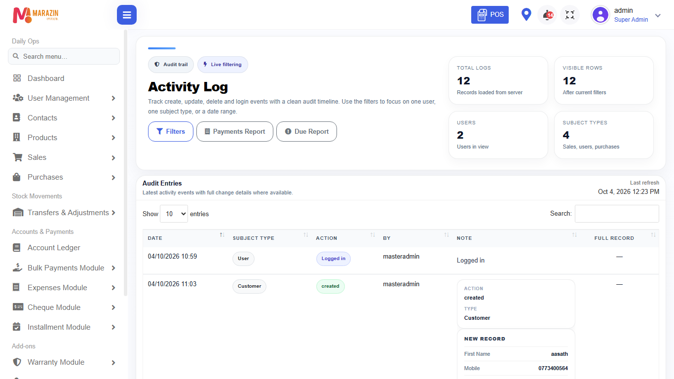 Activity log