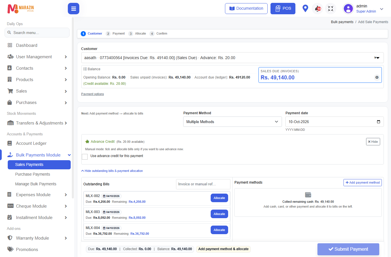 Customer selected — balance summary