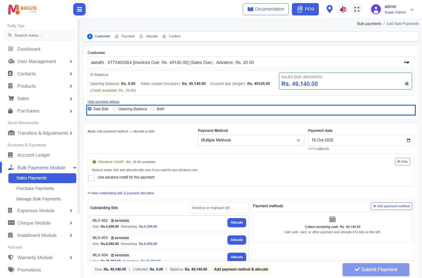 Payment options: Sale Bills / Opening Balance / Both