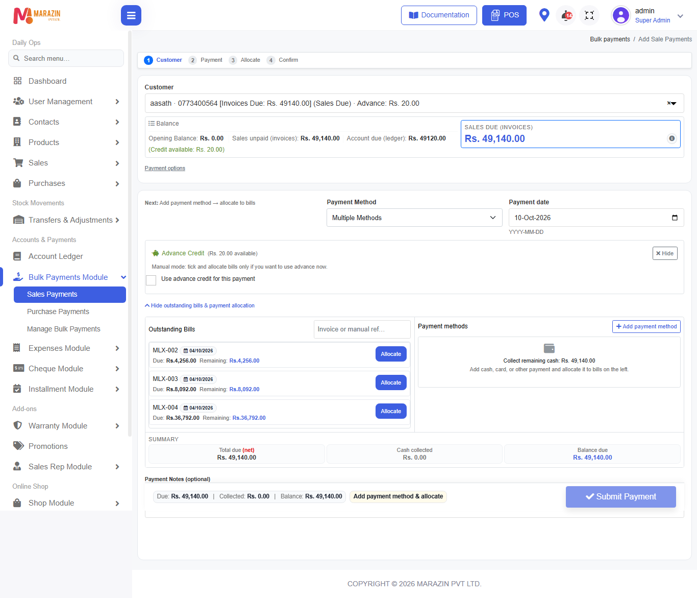 Outstanding bills &amp; payment methods