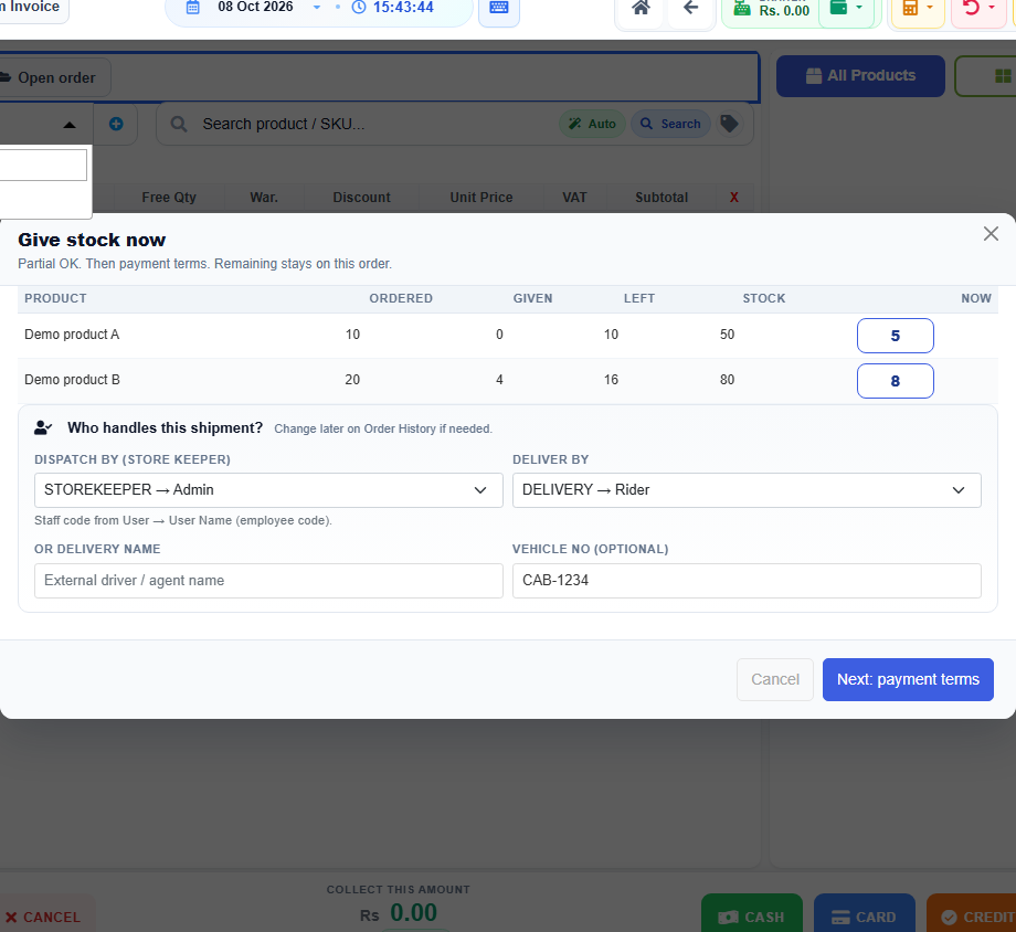 Give stock now — Now column + Next: payment terms