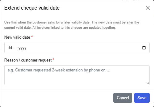 Extend cheque valid date