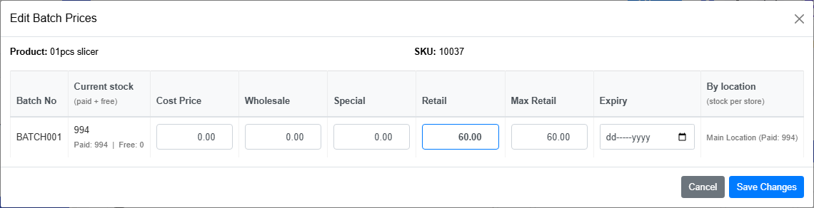 Edit Batch Prices modal